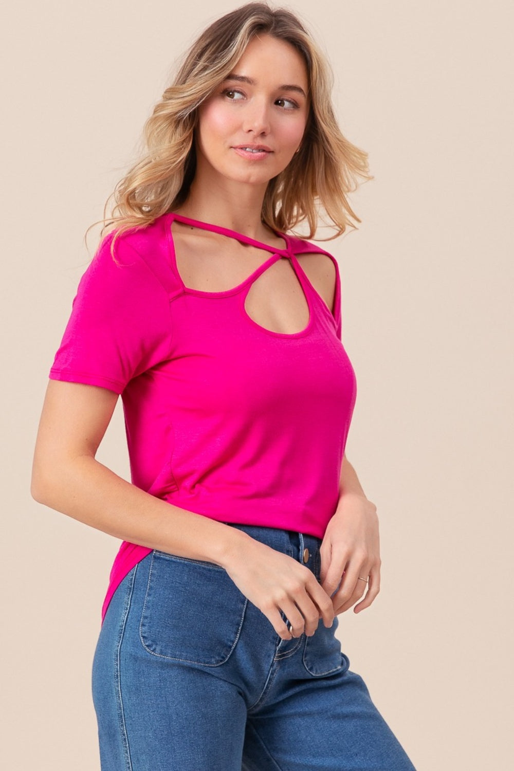 BiBi Cutout Asymmetrical Neck Short Sleeve T-Shirt BiBi Cutout Asymmetrical Neck Short Sleeve T-Shirt - TopFashionHQ