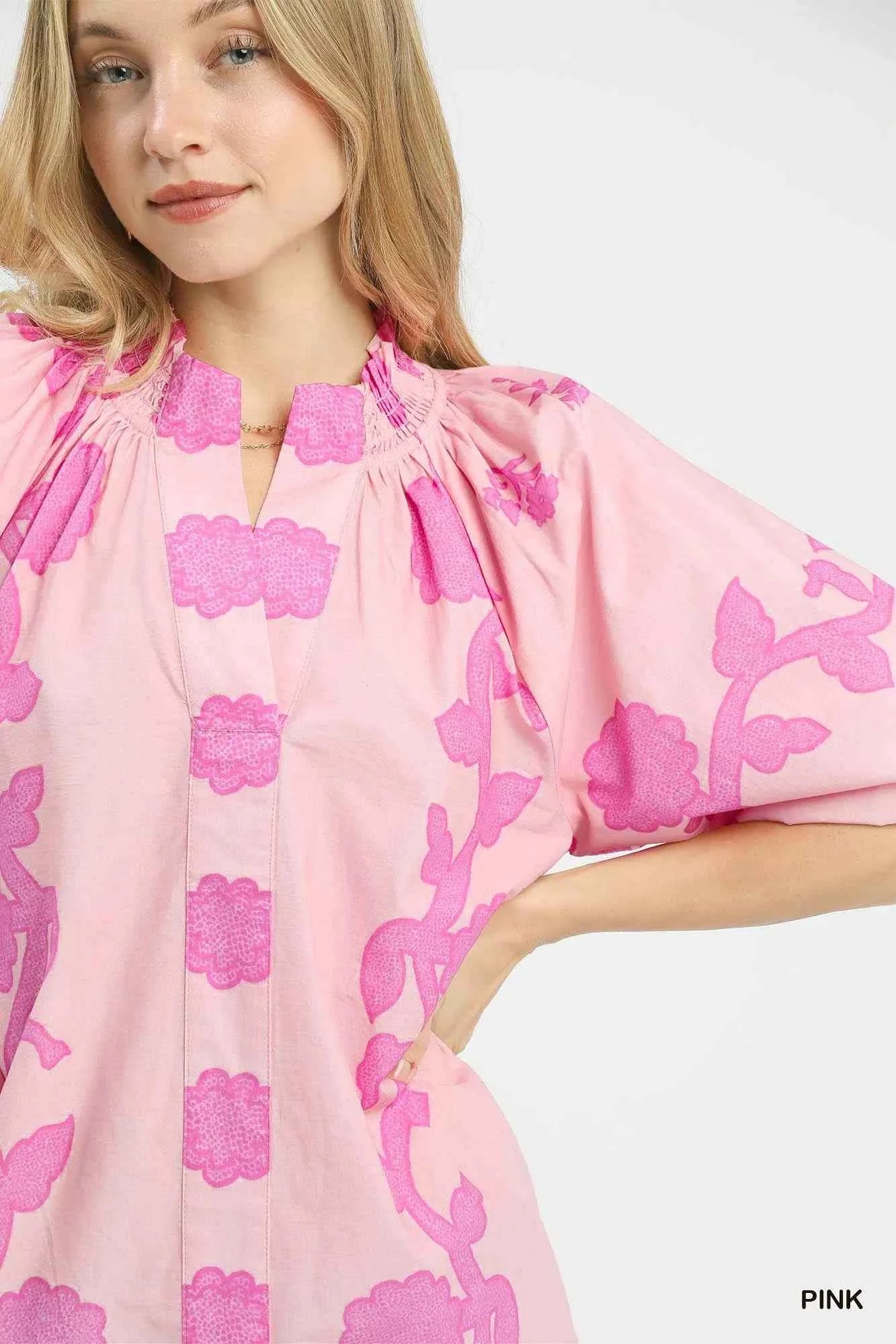 Umgee Floral Smocked Notched Puff Sleeve Blouse Umgee Floral Smocked Notched Puff Sleeve Blouse