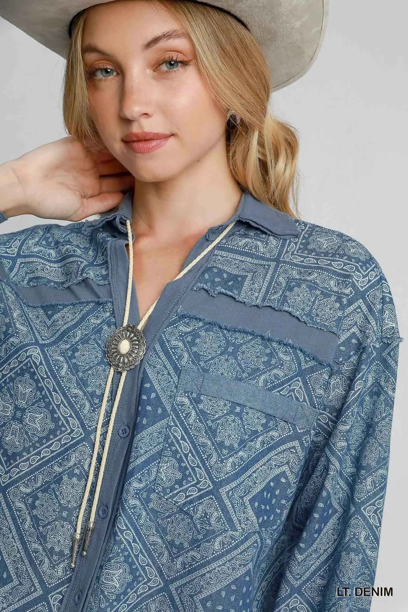Umgee Paisley Print Denim Shirt Jacket Umgee Paisley Print Denim Shirt Jacket