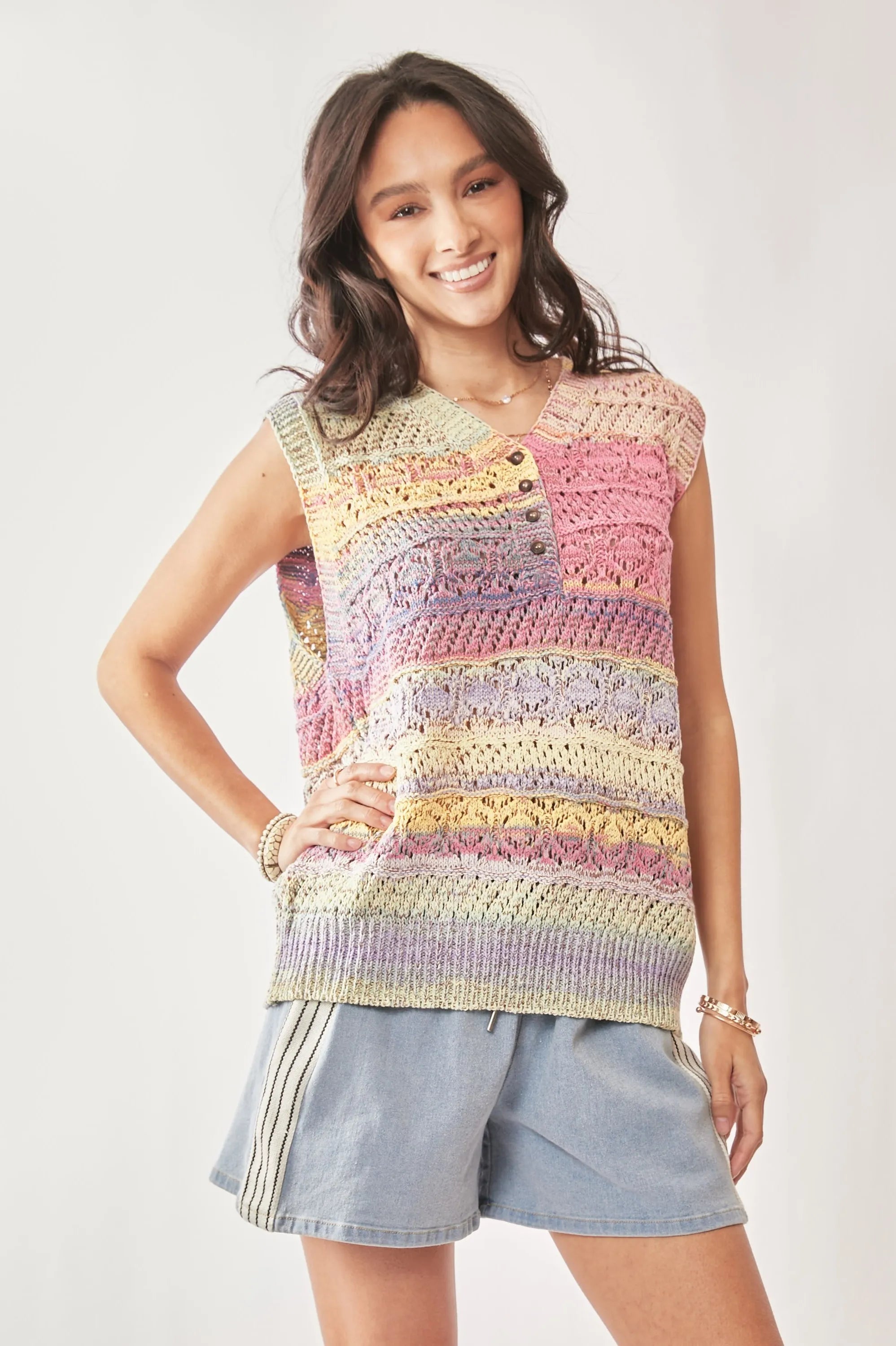 Davi & Dani Multi Color Crochet Sleeveless Knit Vest Top d2d96870b926402aa7f5bb7d0f802961-Max-Origin