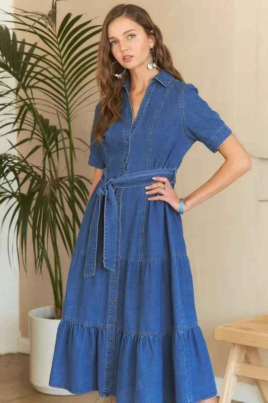 ADORA Tiered Button Down Tie Waist Short Sleeve Denim Dress ADORA Tiered Button Down Tie Waist Short Sleeve Denim Dress