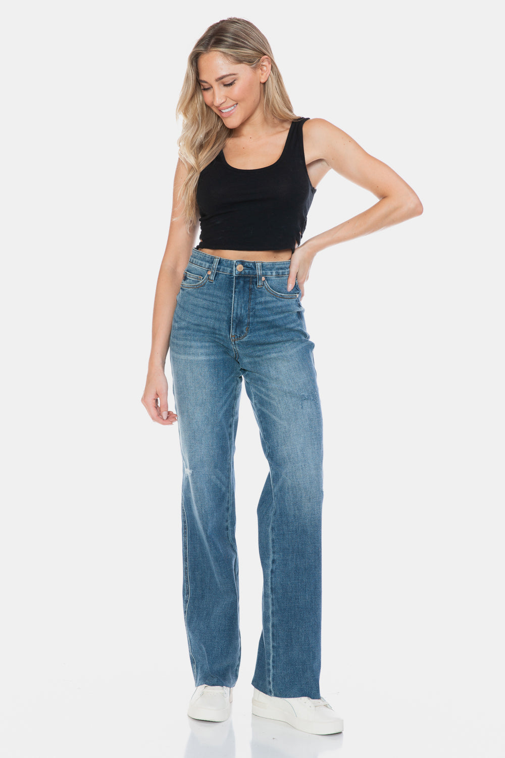 Judy Blue Full Size Tummy Control Cut Raw Hem Straight Jeans Judy Blue Full Size Tummy Control Cut Raw Hem Straight Jeans - TopFashionHQ