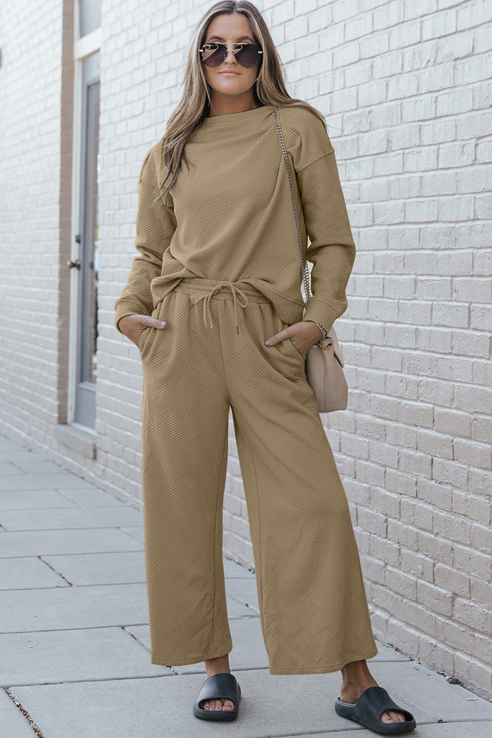 Double Take Full Size Textured Long Sleeve Top and Drawstring Pants Set Double Take Full Size Textured Long Sleeve Top and Drawstring Pants Set - TopFashionHQ