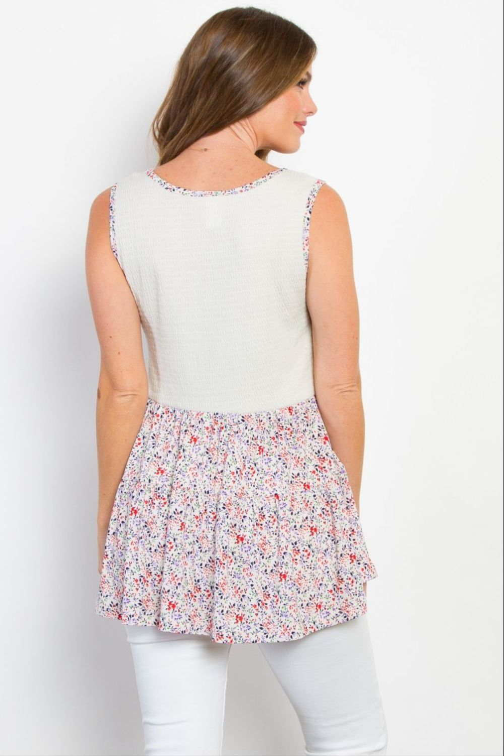 Be Stage Full Size Smocked Printed Peplum Sleeveless Top Be Stage Full Size Smocked Printed Peplum Sleeveless Top - TopFashionHQ
