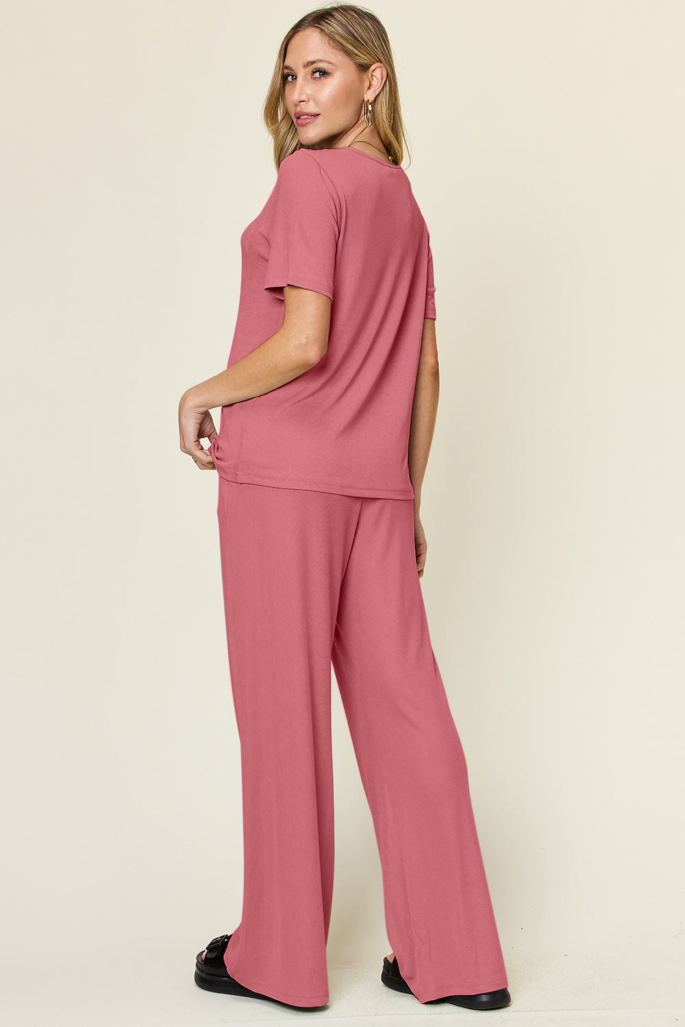 Double Take Full Size Round Neck Short Sleeve T-Shirt and Wide Leg Pants Set Double Take Full Size Round Neck Short Sleeve T-Shirt and Wide Leg Pants Set