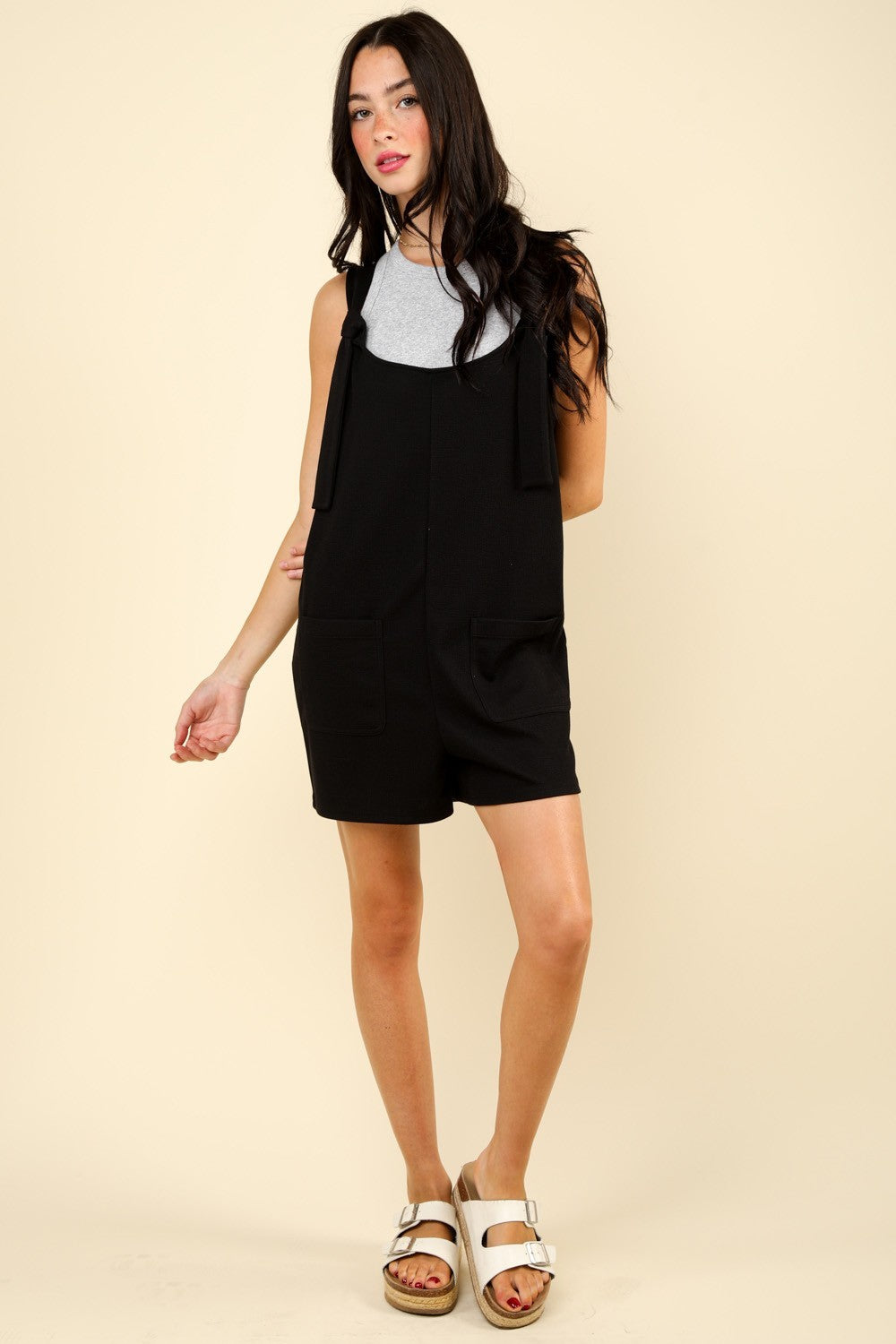 VERY J Tie Shoulder Front Pocket Romper VERY J Tie Shoulder Front Pocket Romper - TopFashionHQ