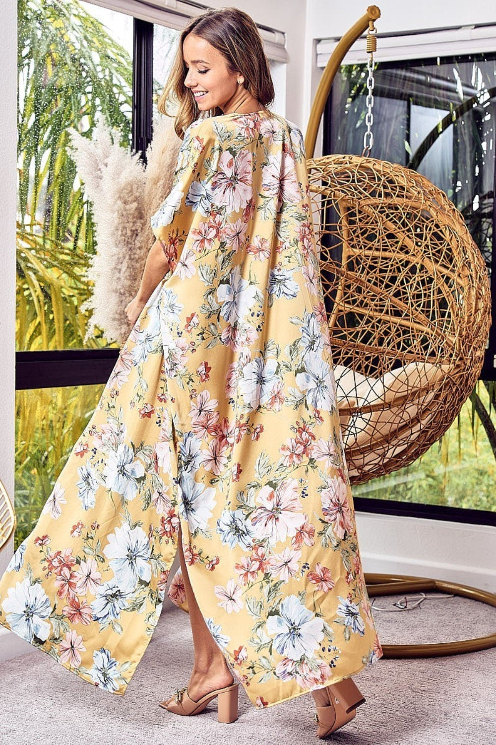 BiBi Floral Side Slit Longline Cardigan BiBi Floral Side Slit Longline Cardigan - TopFashionHQ