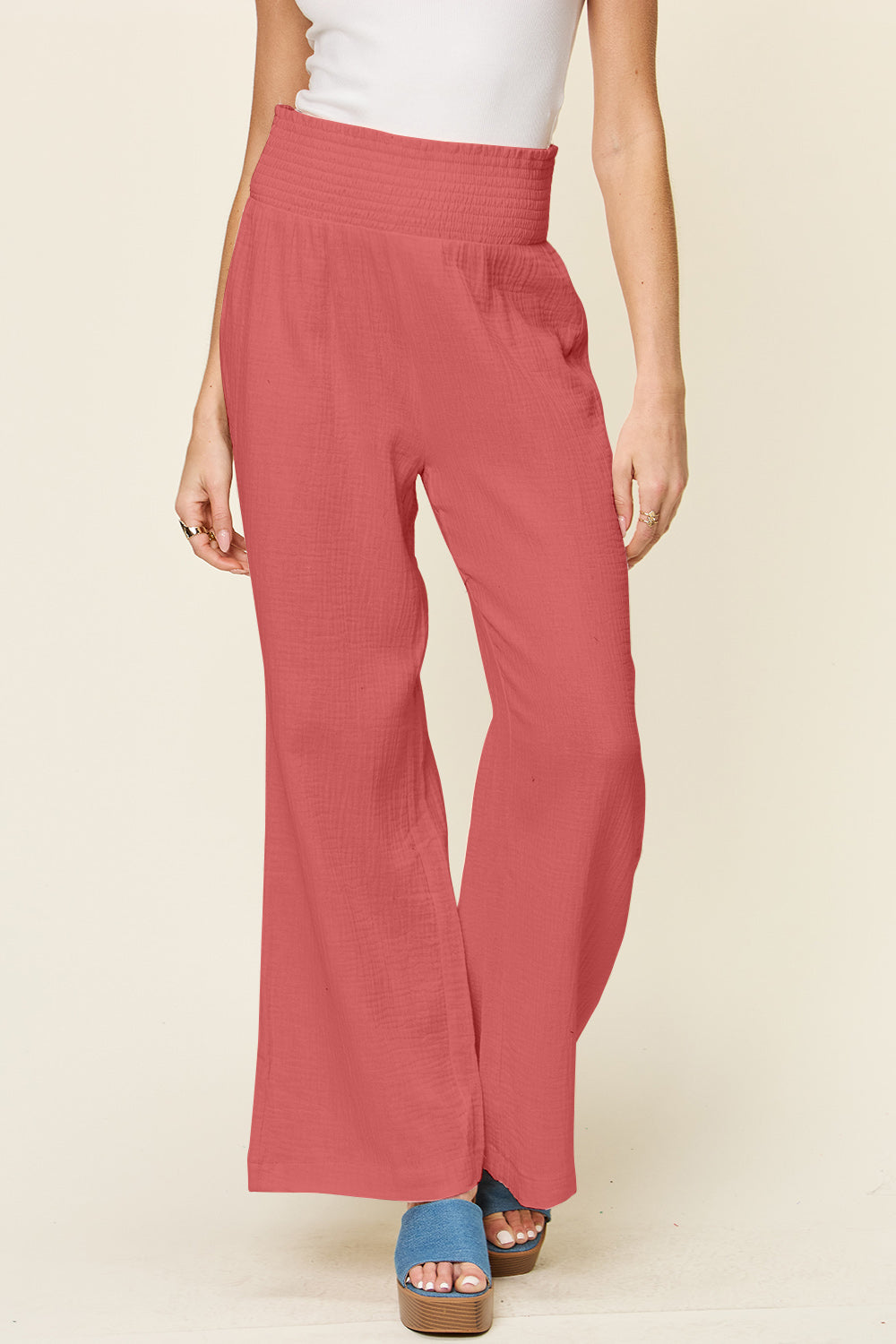 Double Take Full Size Texture Smocked Waist Wide Leg Pants Double Take Full Size Texture Smocked Waist Wide Leg Pants