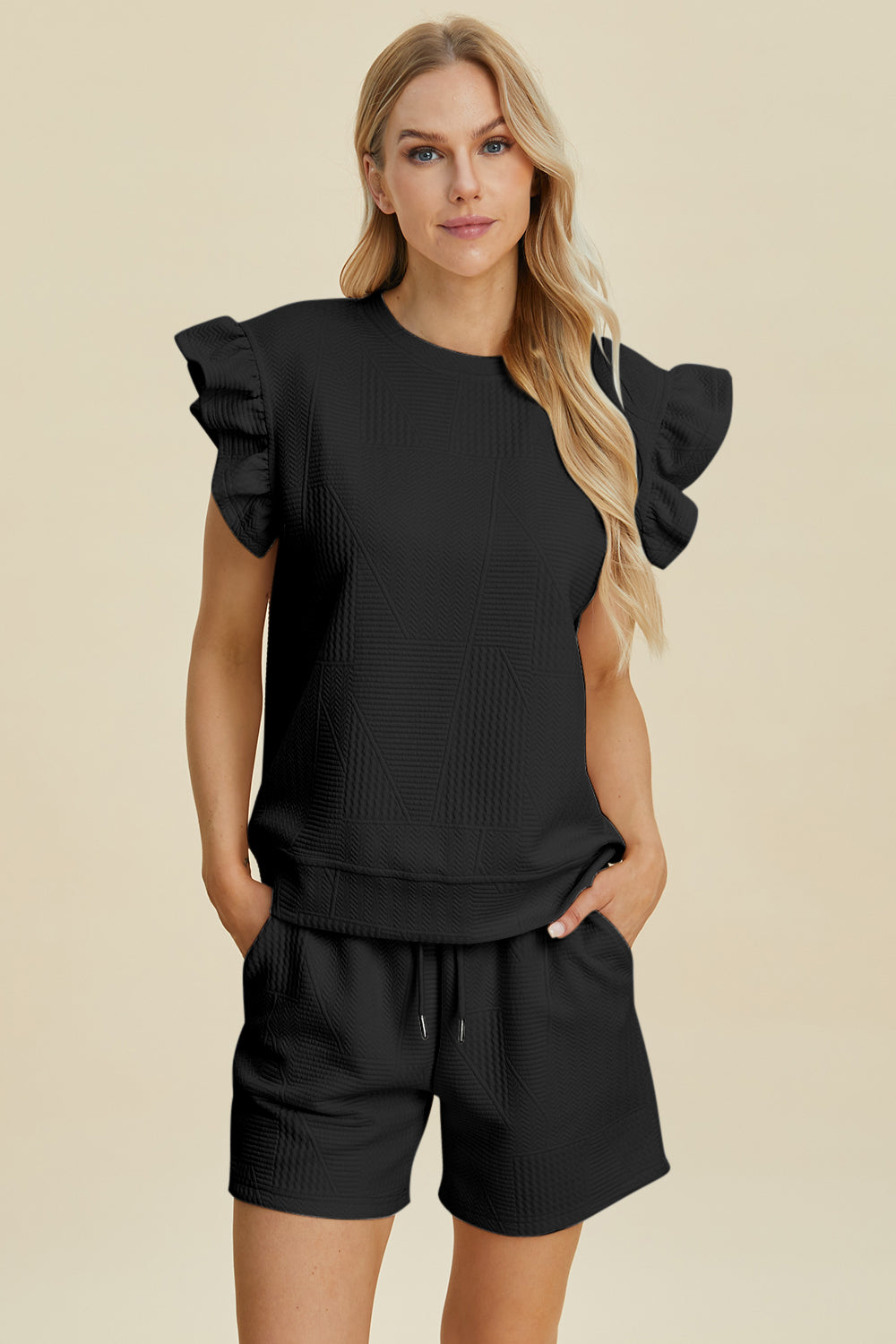 Double Take Full Size Texture Round Neck Ruffle Sleeve Top and Shorts Set Double Take Full Size Texture Round Neck Ruffle Sleeve Top and Shorts Set