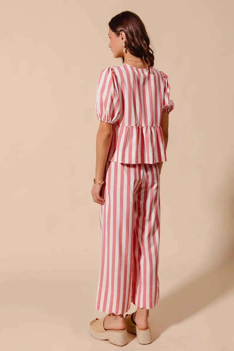 SO ME Front Tie Stripe Top With Puff Sleeves and Wide Leg Pants Set SO ME Front Tie Stripe Top With Puff Sleeves and Wide Leg Pants Set