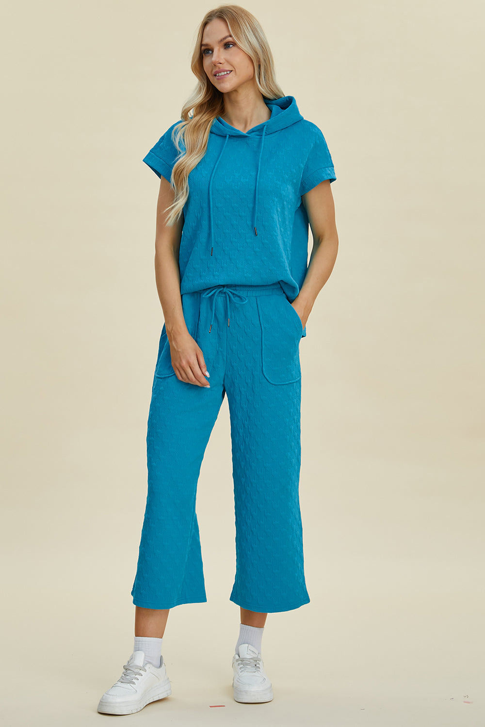 Double Take Full Size Texture Drawstring Short Sleeve Hoodie and Pocketed Pants Set Double Take Full Size Texture Drawstring Short Sleeve Hoodie and Pocketed Pants Set