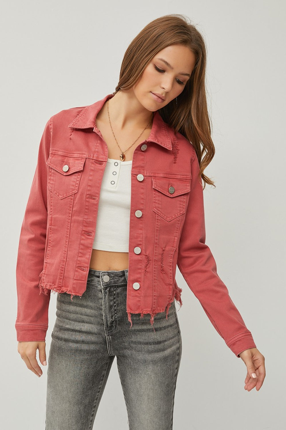 RISEN Raw Hem Button Up Cropped Denim Jacket d472f2b1-841e-4718-855e-aa0a3e5cb32c-Max