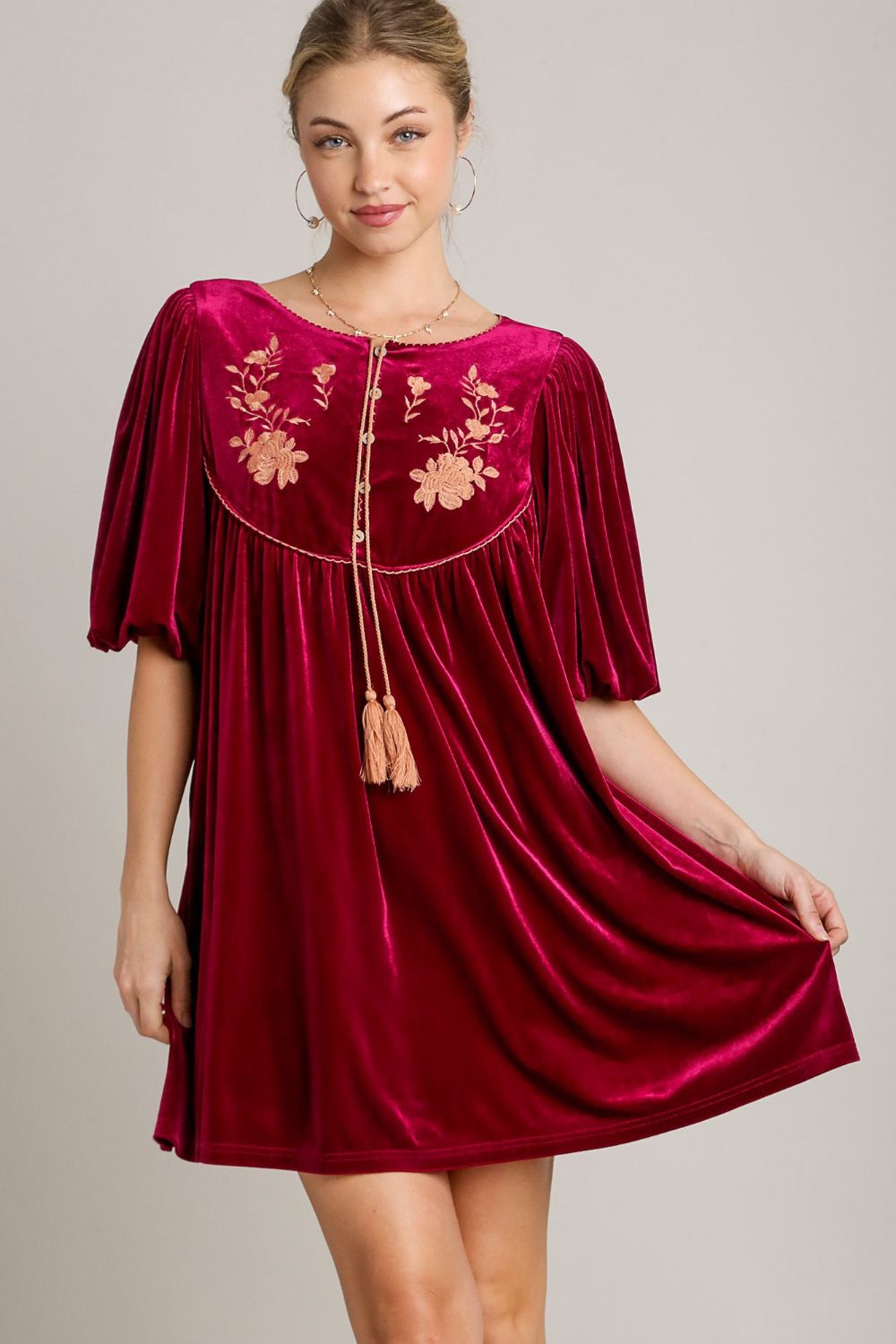Umgee Embroidered Half Sleeve Velvet Mini Dress with Tassel Umgee Embroidered Half Sleeve Velvet Mini Dress with Tassel - TopFashionHQ