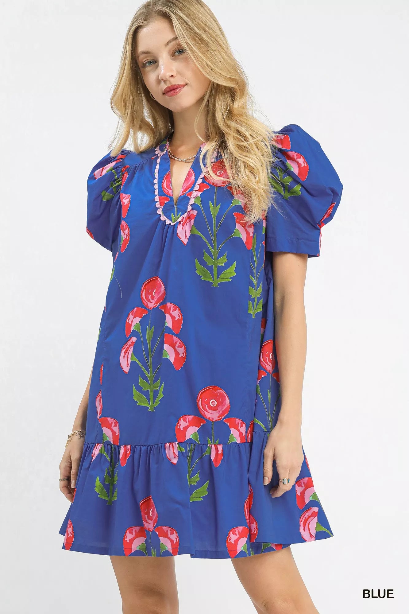 Umgee Floral Print Puff Sleeve Mini Dress with Scallop Trim d4a5f875-a661-4ef6-922a-db353eb7cf33-Max-Origin