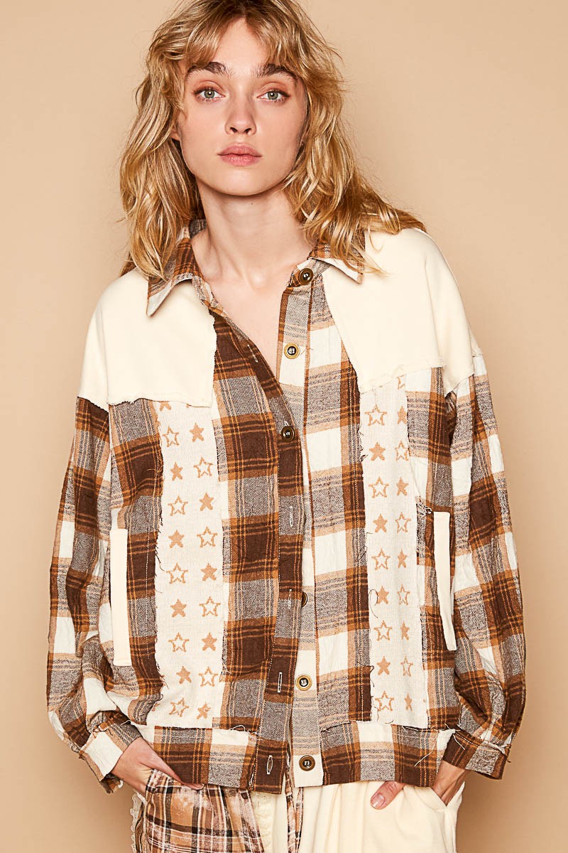 POL Plaid & Star Patchwork Contrast Long Sleeve Shacket POL Plaid & Star Patchwork Contrast Long Sleeve Shacket