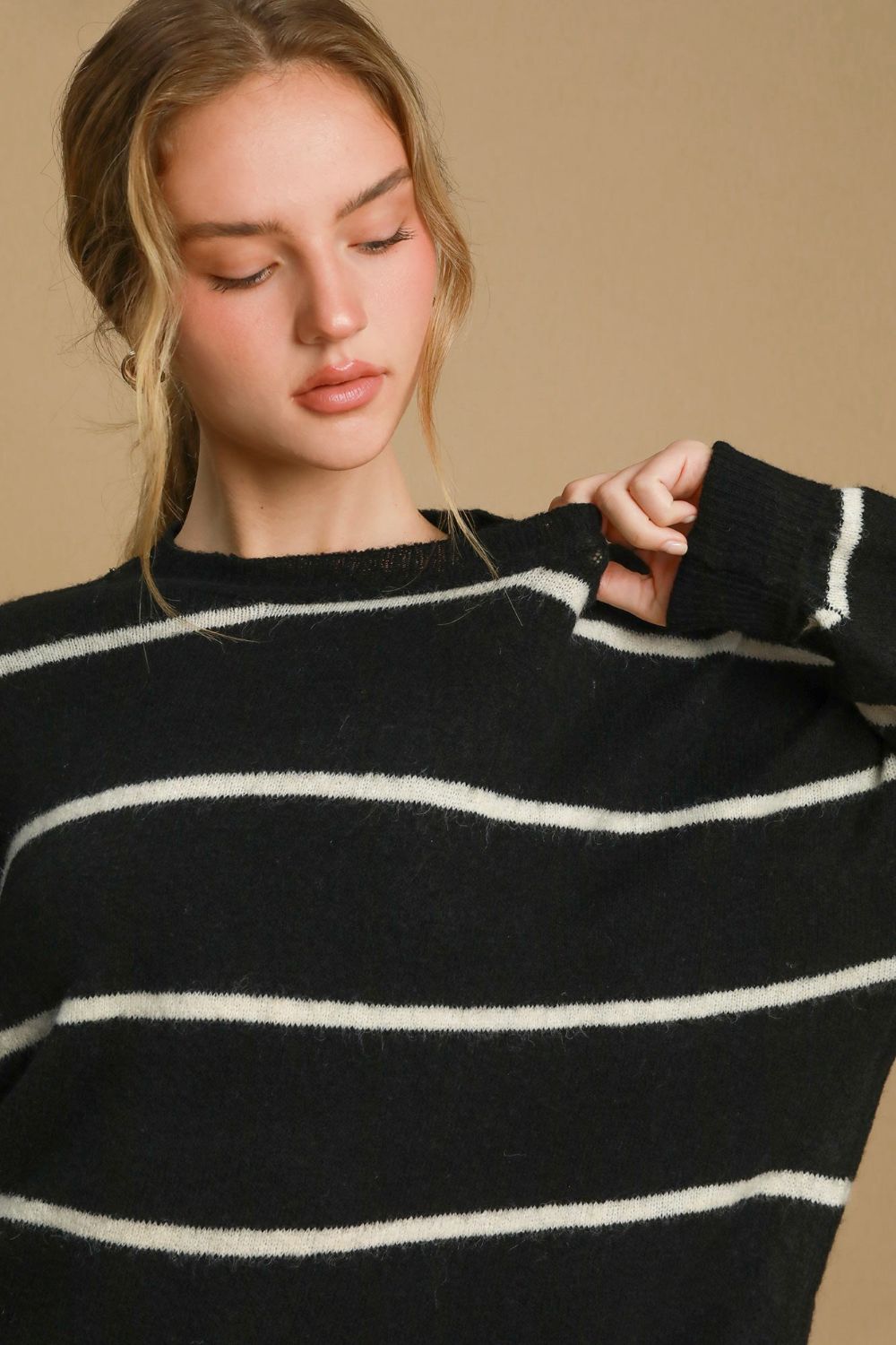 Umgee Wool Blend Striped Round Neck Sweater Umgee Wool Blend Striped Round Neck Sweater - TopFashionHQ