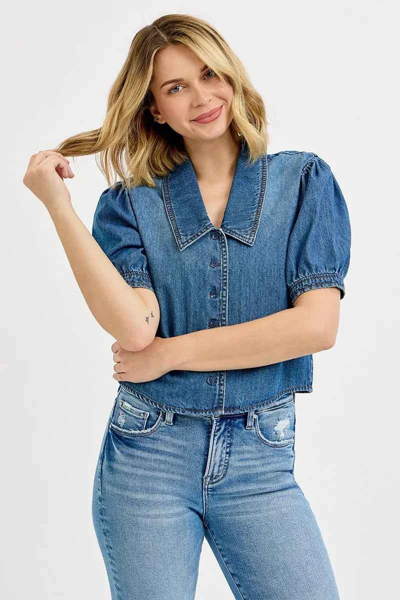 RISEN Button Down Puff Sleeve Crop Denim Shirt RISEN Button Down Puff Sleeve Crop Denim Shirt