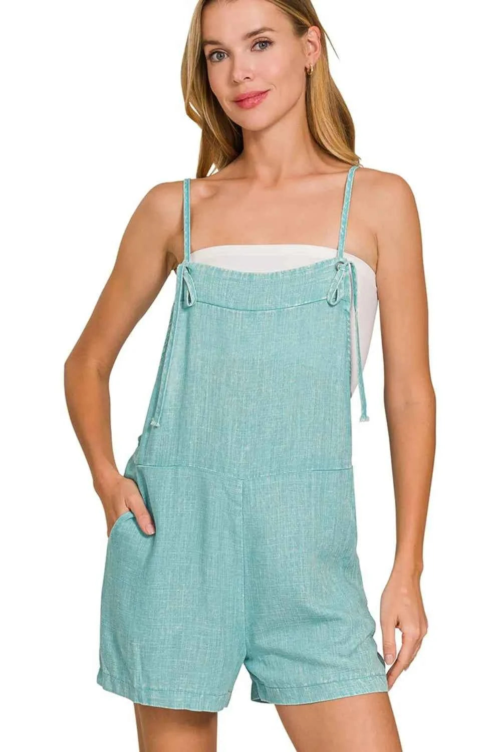 Zenana Washed Linen Knot Strap Rompers Zenana Washed Linen Knot Strap Rompers