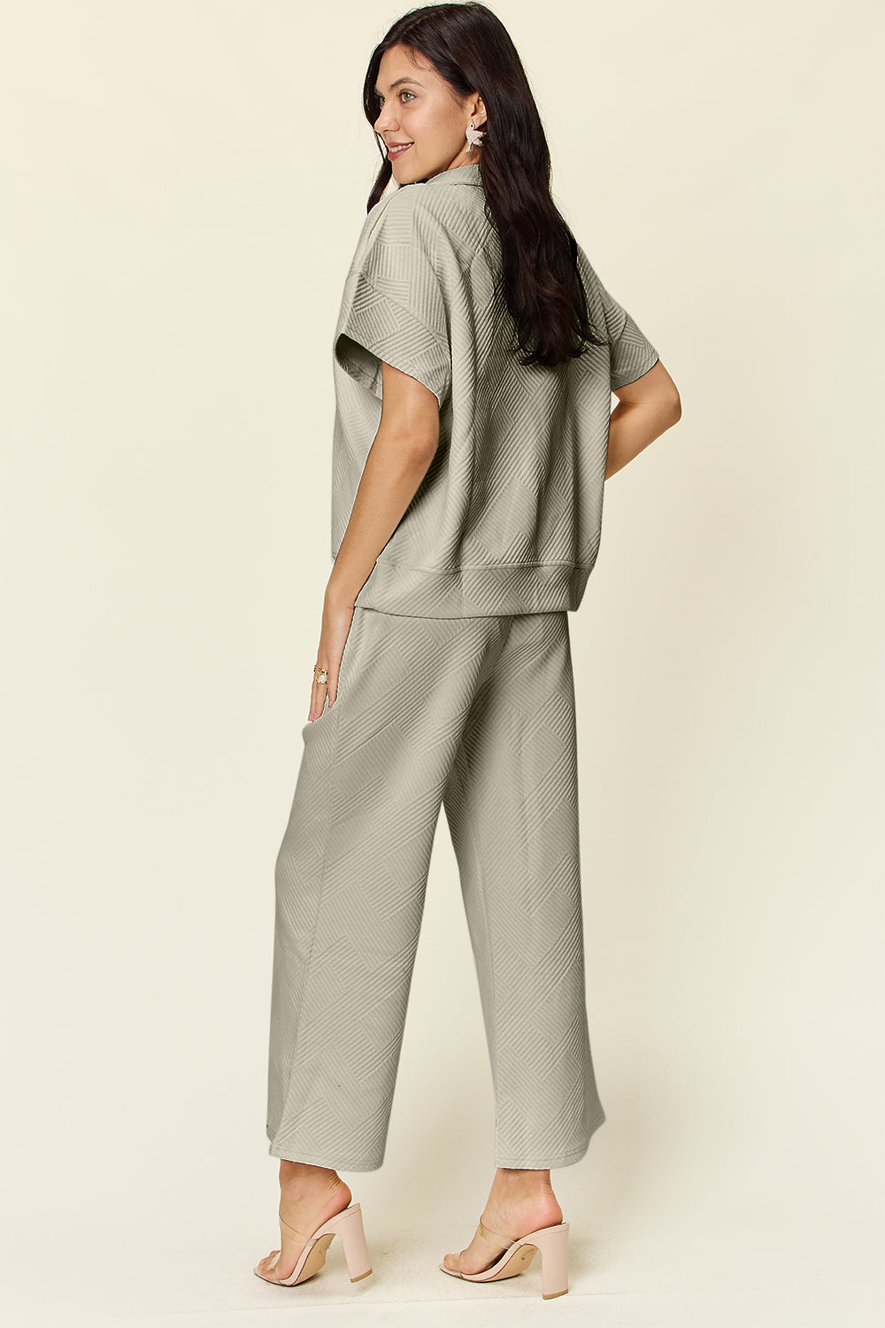 Double Take Full Size Texture Half Zip Short Sleeve Top and Pants Set Double Take Full Size Texture Half Zip Short Sleeve Top and Pants Set