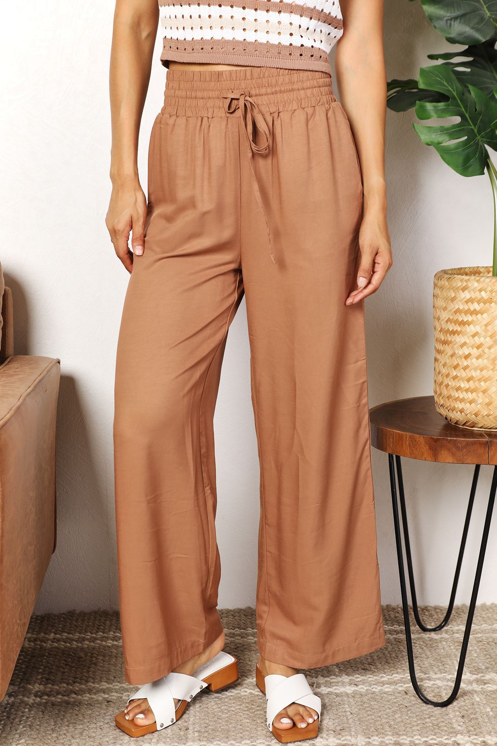 Double Take Drawstring Smocked Waist Wide Leg Pants Double Take Drawstring Smocked Waist Wide Leg Pants - TopFashionHQ