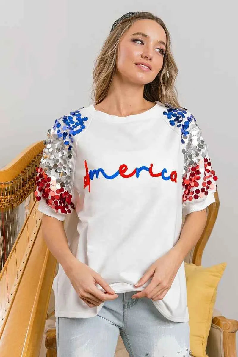 BiBi America Letter Applique Spangle Puff Sleeves Top BiBi America Letter Applique Spangle Puff Sleeves Top