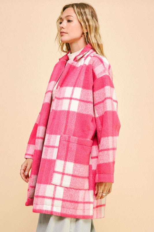 Davi & Dani Plaid Open Front Drop Shoulder Longline Coat Davi & Dani Plaid Open Front Drop Shoulder Longline Coat