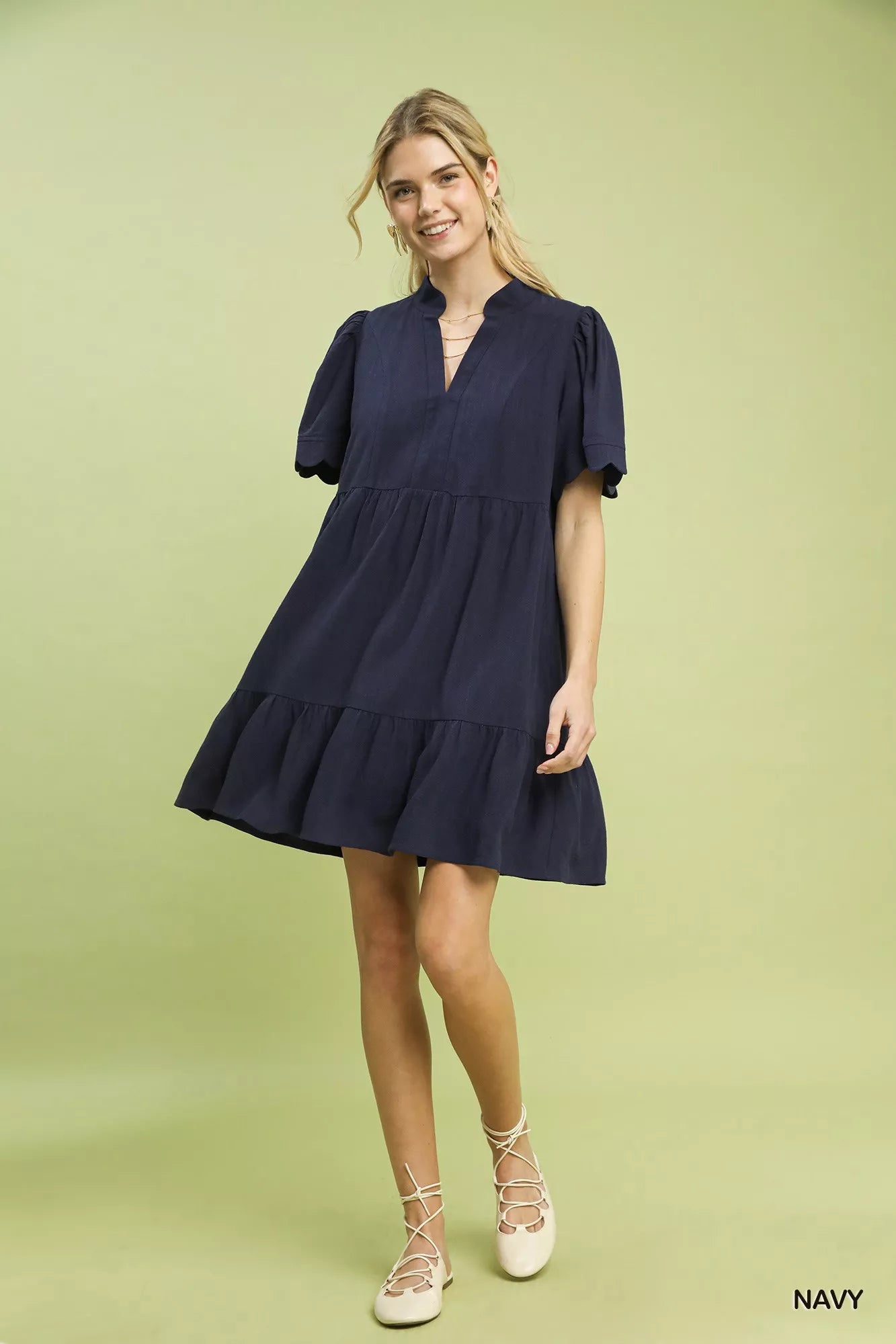Umgee Linen Tiered Babydoll Dress with Scalloped Sleeves d5677aa8-b678-4843-bbc5-ca80324f2b9d-Max-Origin