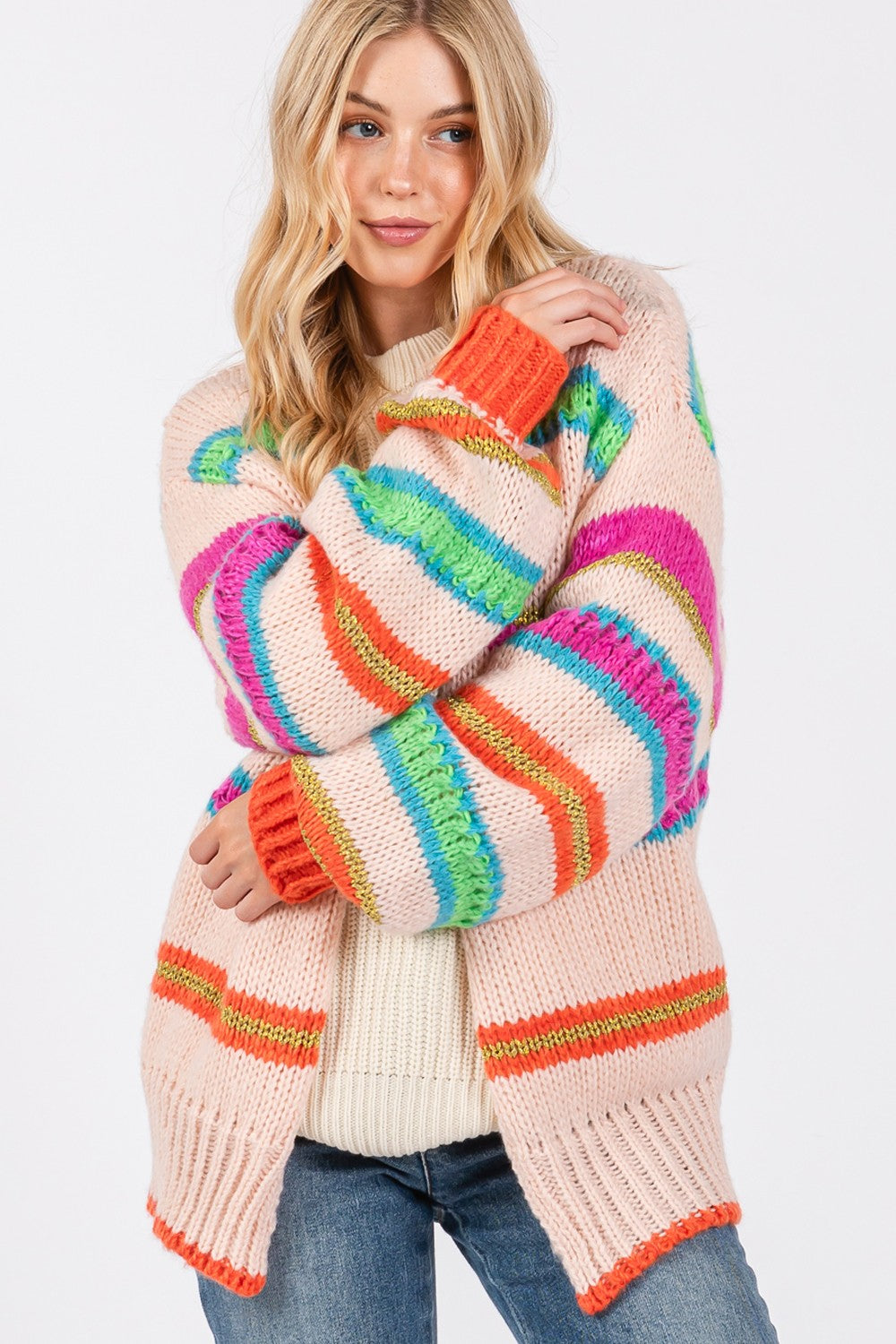 SAGE + FIG Rainbow Striped Open Front Knit Cardigan SAGE + FIG Rainbow Striped Open Front Knit Cardigan