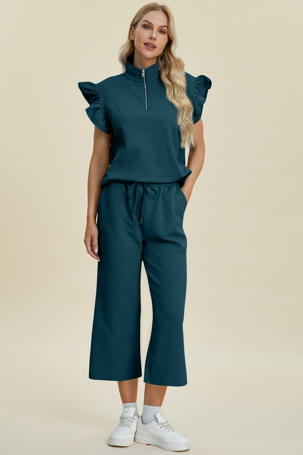 Double Take Full Size Texture Ruffle Short Sleeve Top and Wide Leg Pants Set Double Take Full Size Texture Ruffle Short Sleeve Top and Wide Leg Pants Set
