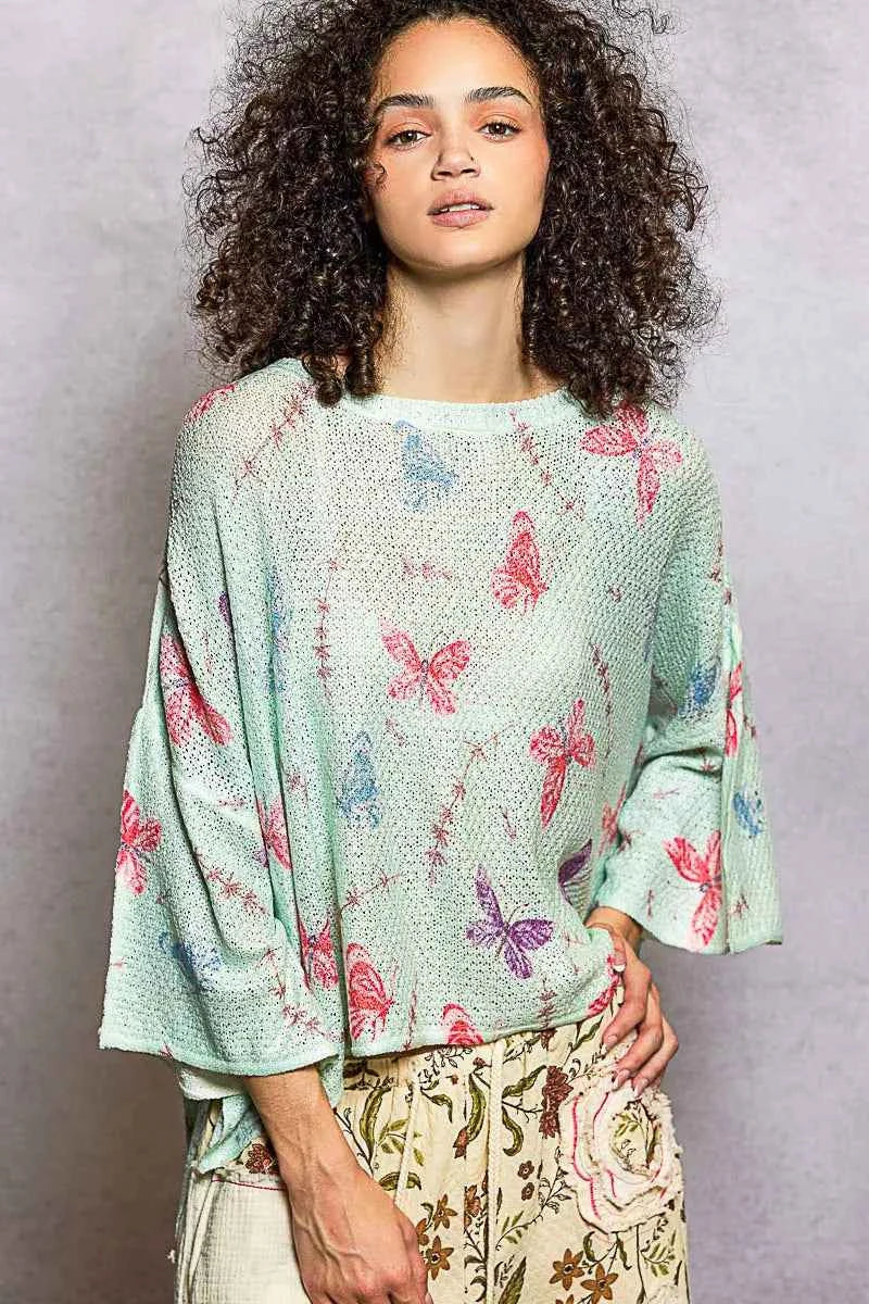 POL Butterflies Pattern Round Neck knit Top with Outseam Rolling Edge POL Butterflies Pattern Round Neck knit Top with Outseam Rolling Edge
