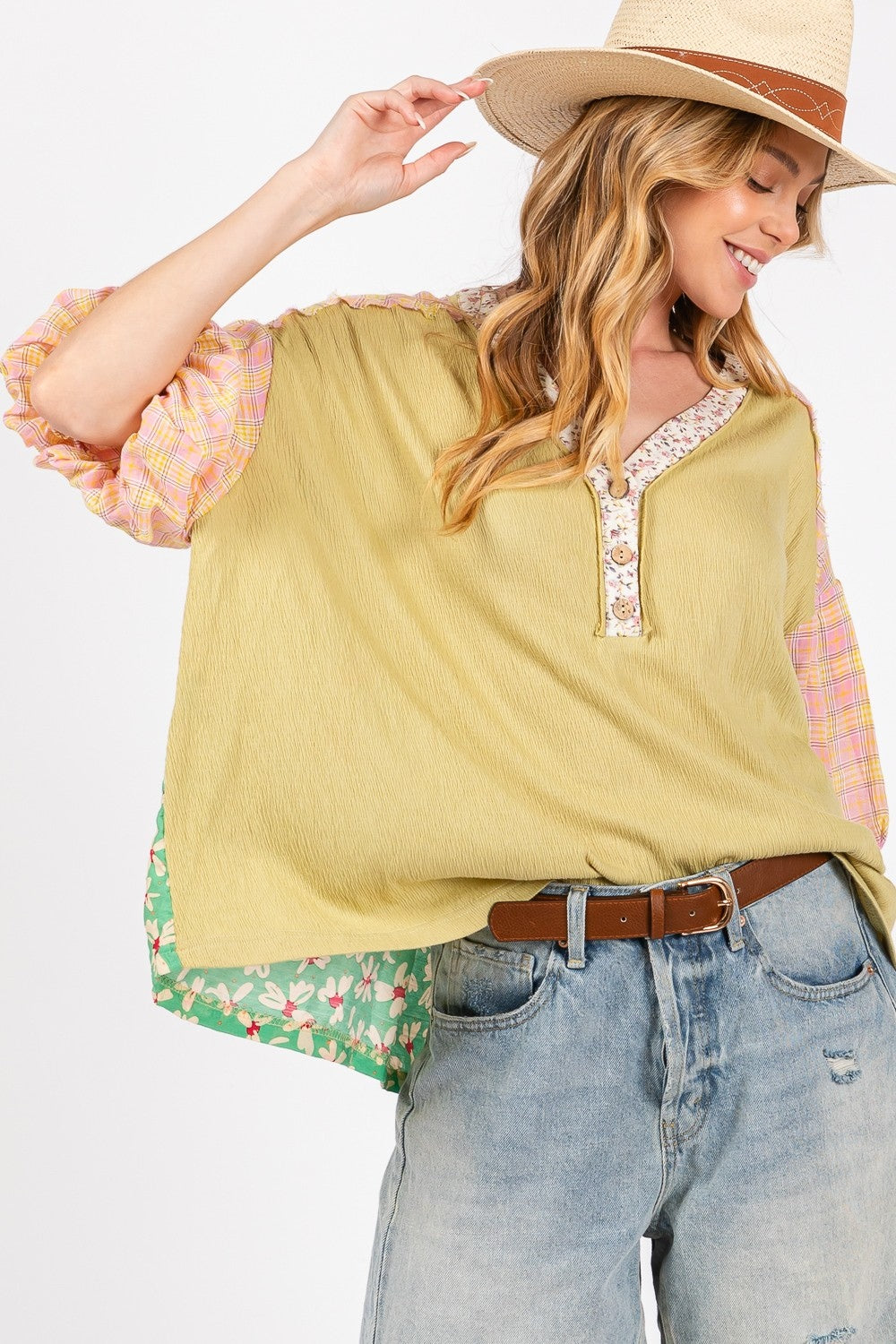 SAGE + FIG Color Block Bubble Sleeve Top SAGE + FIG Color Block Bubble Sleeve Top - TopFashionHQ