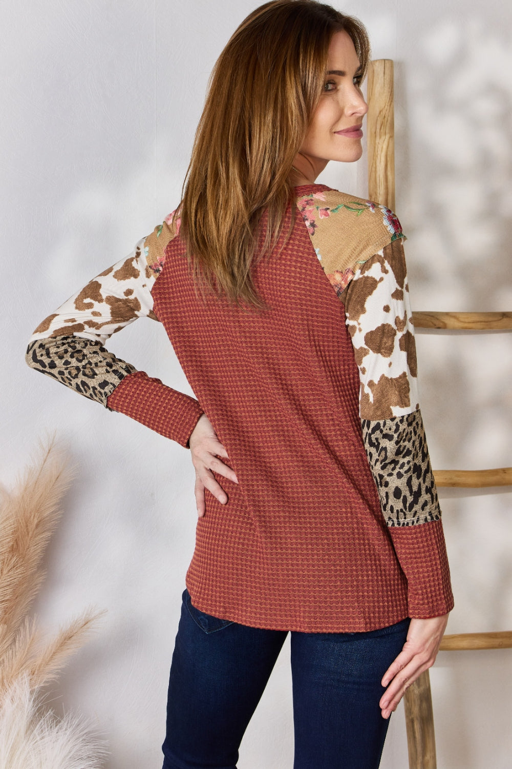 Hailey & Co Full Size Leopard Waffle-Knit Blouse Hailey & Co Full Size Leopard Waffle-Knit Blouse - TopFashionHQ
