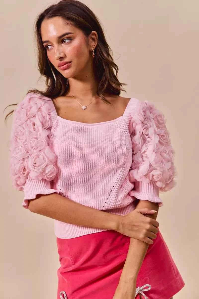 SO ME Rosette Sleeves Square Neck Sweater Knit Top SO ME Rosette Sleeves Square Neck Sweater Knit Top