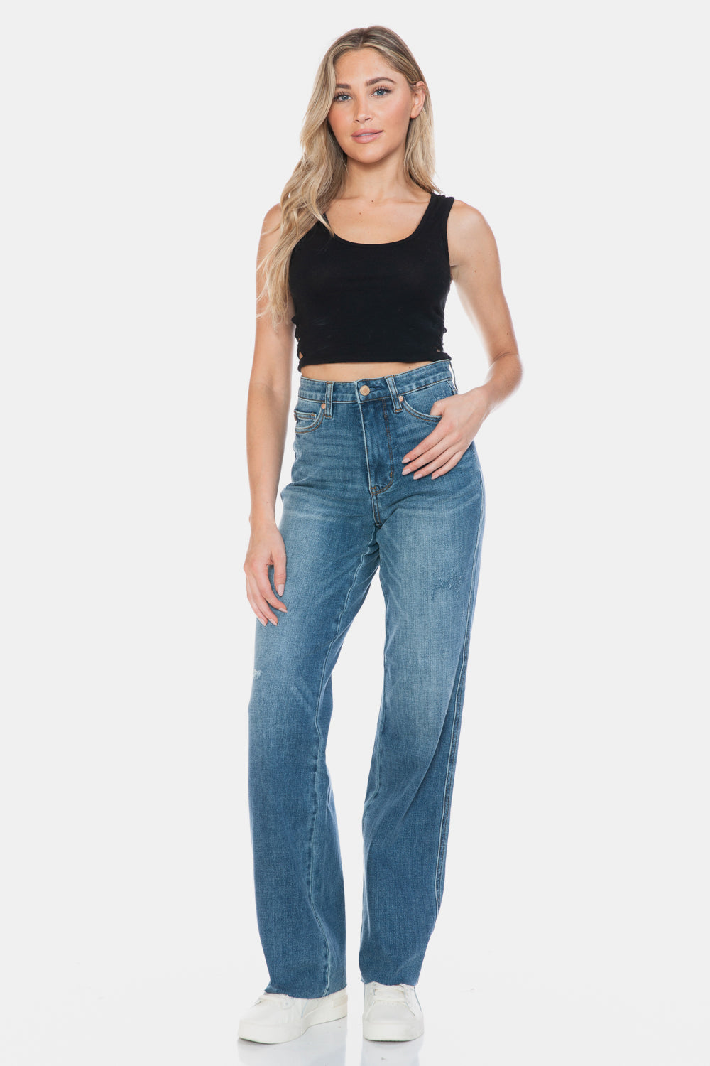 Judy Blue Full Size Tummy Control Cut Raw Hem Straight Jeans Judy Blue Full Size Tummy Control Cut Raw Hem Straight Jeans - TopFashionHQ