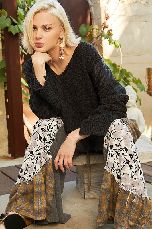 POL Cable Knit Quilting Patch V-Neck Sweater POL Cable Knit Quilting Patch V-Neck Sweater - TopFashionHQ