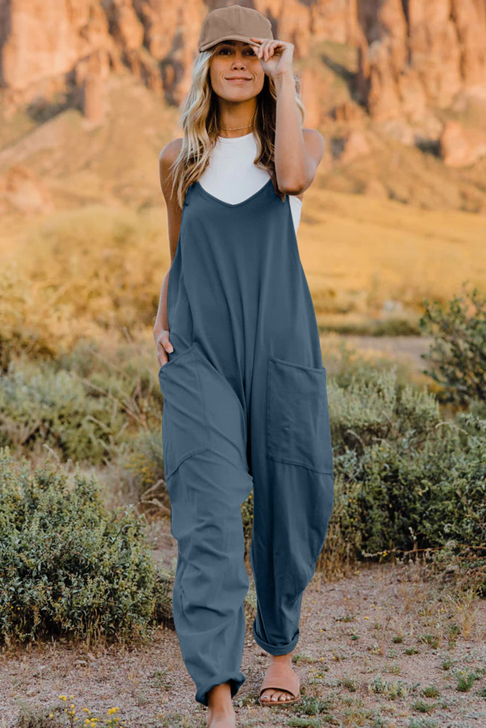 Double Take Full Size V-Neck Sleeveless Jumpsuit with Pockets Double Take Full Size V-Neck Sleeveless Jumpsuit with Pockets - TopFashionHQ