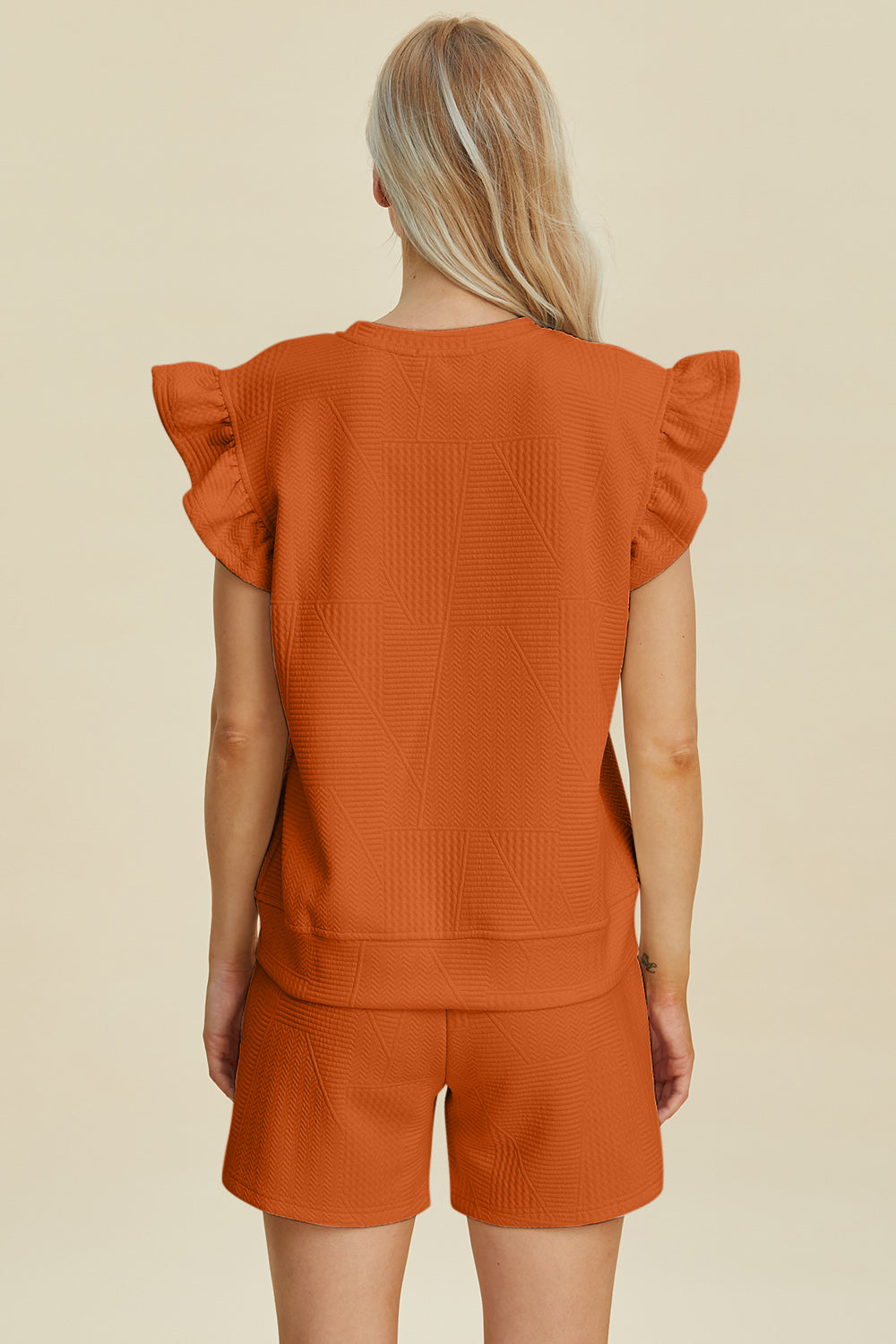 Double Take Full Size Texture Round Neck Ruffle Sleeve Top and Shorts Set Double Take Full Size Texture Round Neck Ruffle Sleeve Top and Shorts Set