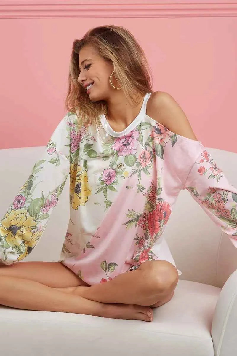 BiBi Floral Printed French Terry Color Block Top BiBi Floral Printed French Terry Color Block Top