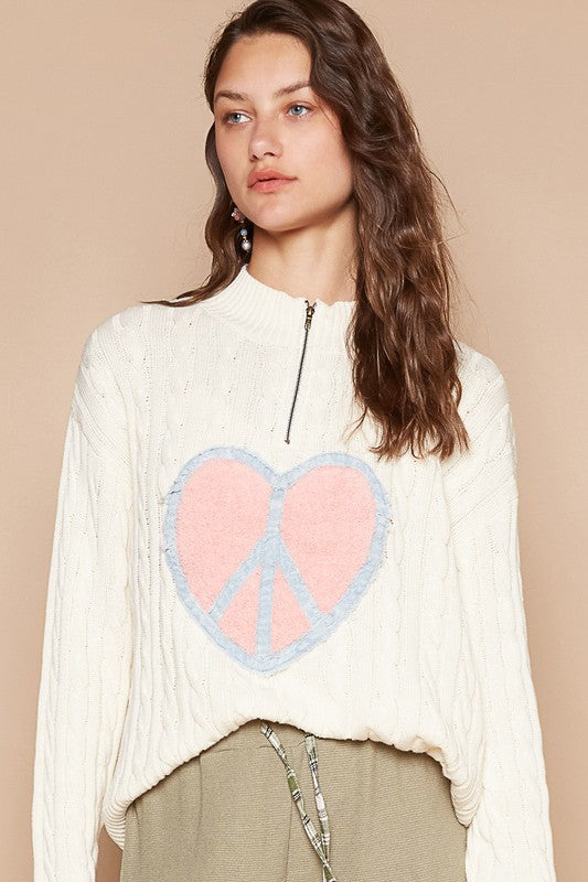 POL Cable-Knit Peace Patch Dropped Shoulder Sweater POL Cable-Knit Peace Patch Dropped Shoulder Sweater - TopFashionHQ