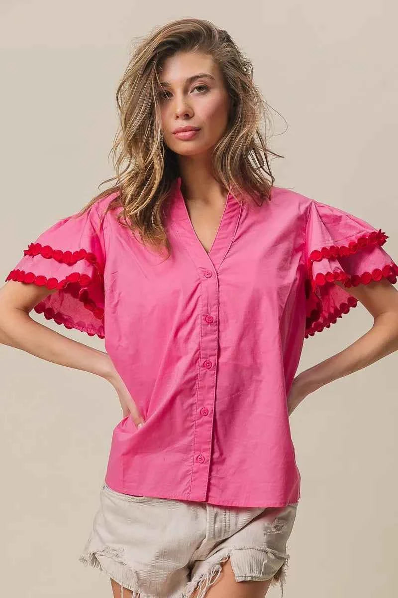BiBi Dot Trim Flutter Sleeve Notched Top BiBi Dot Trim Flutter Sleeve Notched Top