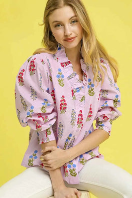 Umgee Floral Print Lantern Sleeve Button Down Shirt