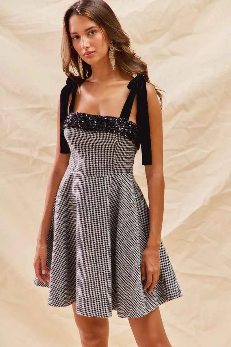 SO ME Houndstooth Fit Flare Mini Dress with Shoulder Tie SO ME Houndstooth Fit Flare Mini Dress with Shoulder Tie