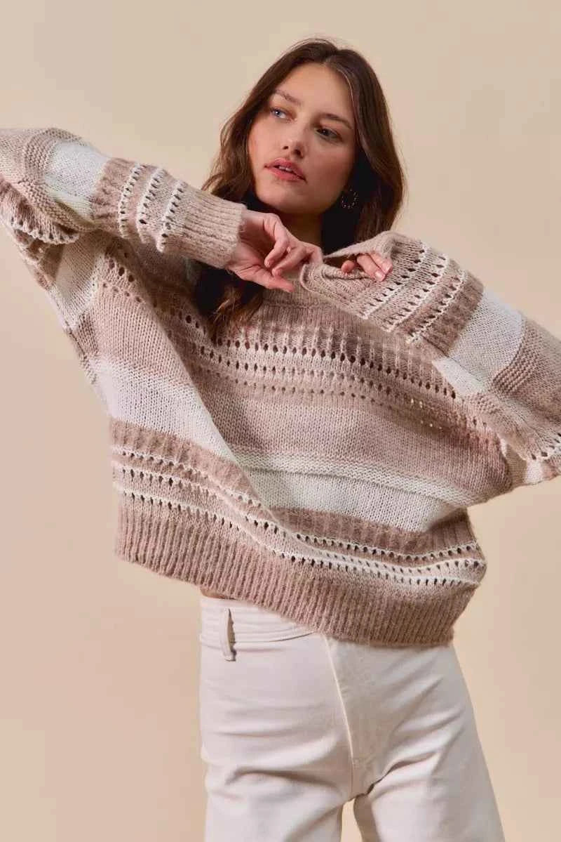 SO ME Variegated Stripe Textured Loose Fit Sweater SO ME Variegated Stripe Textured Loose Fit Sweater