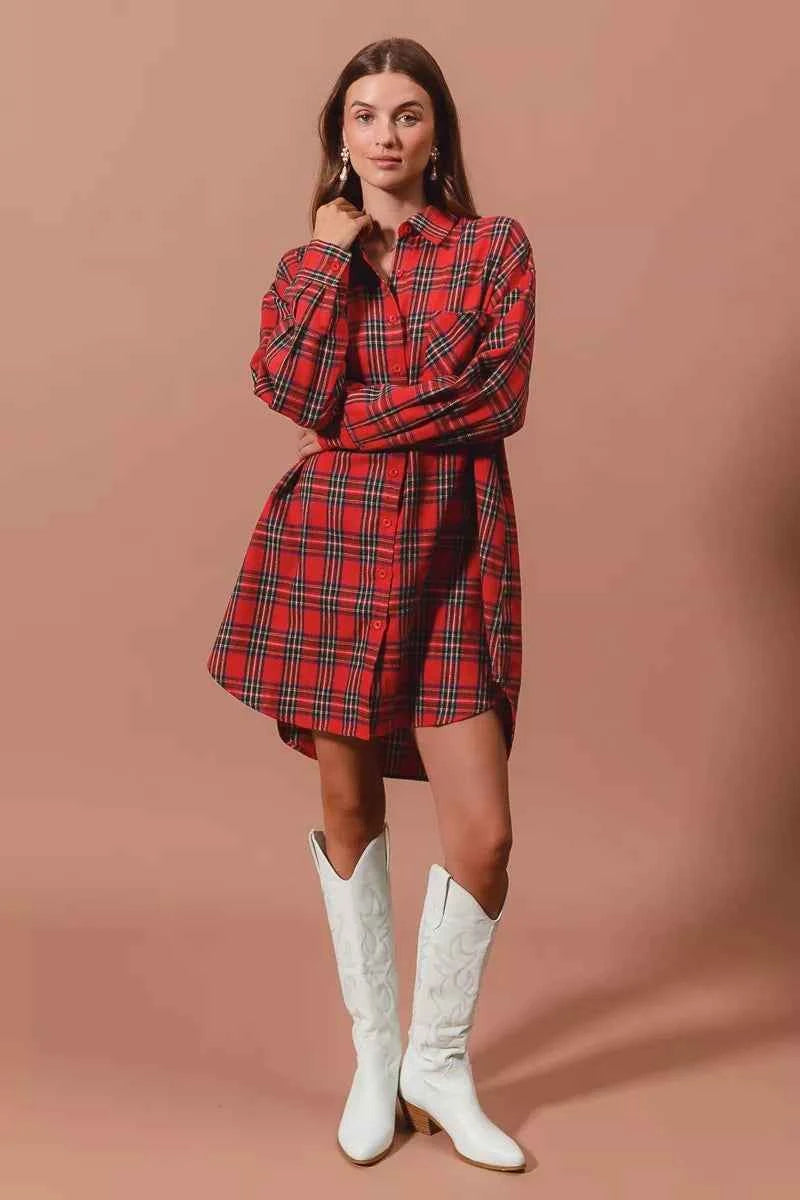 SO ME Christmas Checker Plaid Button Up Shirt Dress SO ME Christmas Checker Plaid Button Up Shirt Dress