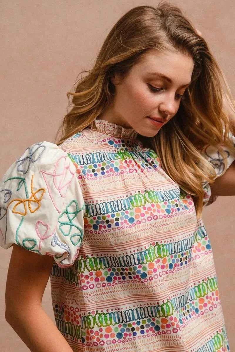 BiBi Ruffle Neckline Blouse With Embroidery Bubble Sleeve BiBi Ruffle Neckline Blouse With Embroidery Bubble Sleeve