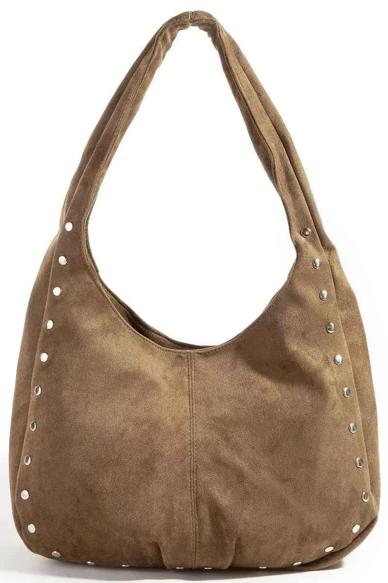 Fame Faux Suede Studded Trim Hobo Bag Fame Faux Suede Studded Trim Hobo Bag
