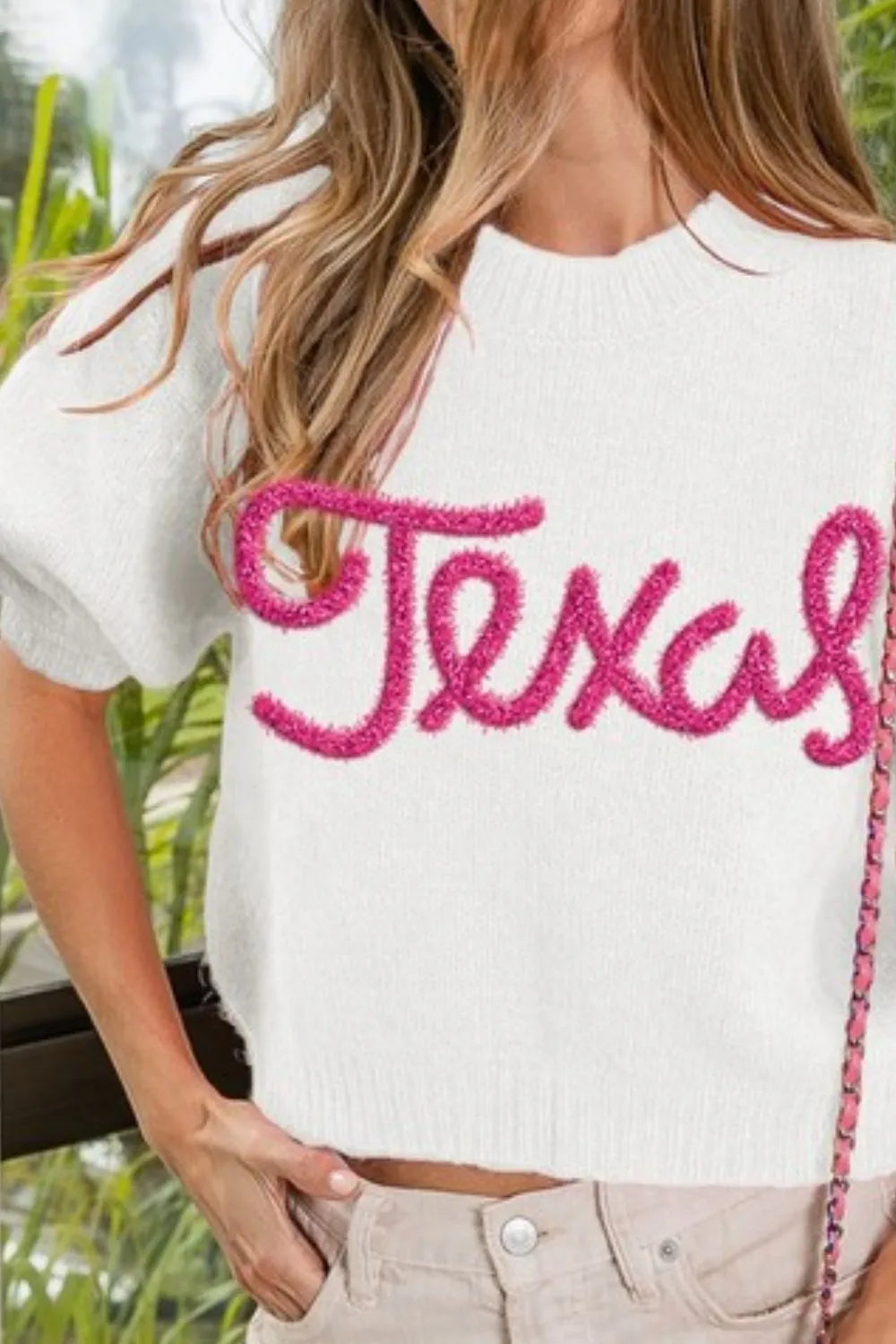 BiBi Metallic Letter Short Puff Sleeve Hairy Sweater d71bc6d2-bc09-47de-9ec9-a1c6744553b1-Max-Origin