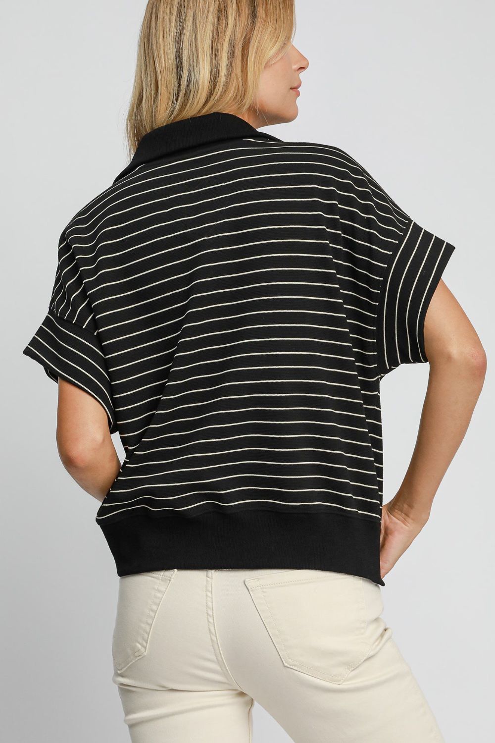 Umgee Striped Half Zip Short Sleeve Sweatshirt Umgee Striped Half Zip Short Sleeve Sweatshirt - TopFashionHQ