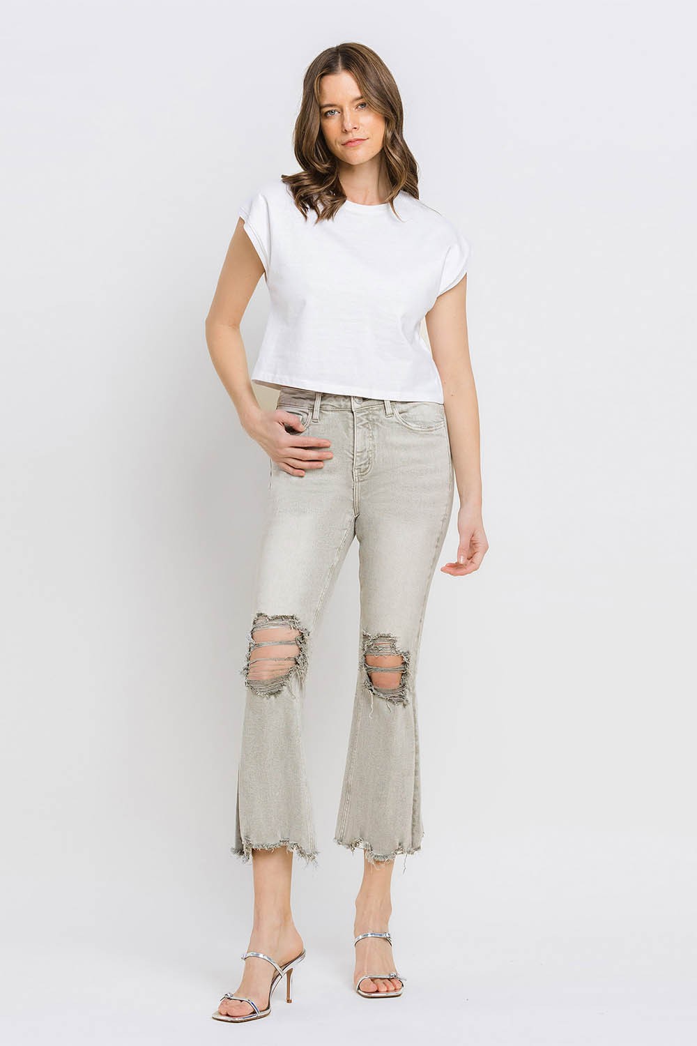 Lovervet Distressed Raw Hem Cropped Flare Jeans Lovervet Distressed Raw Hem Cropped Flare Jeans - TopFashionHQ