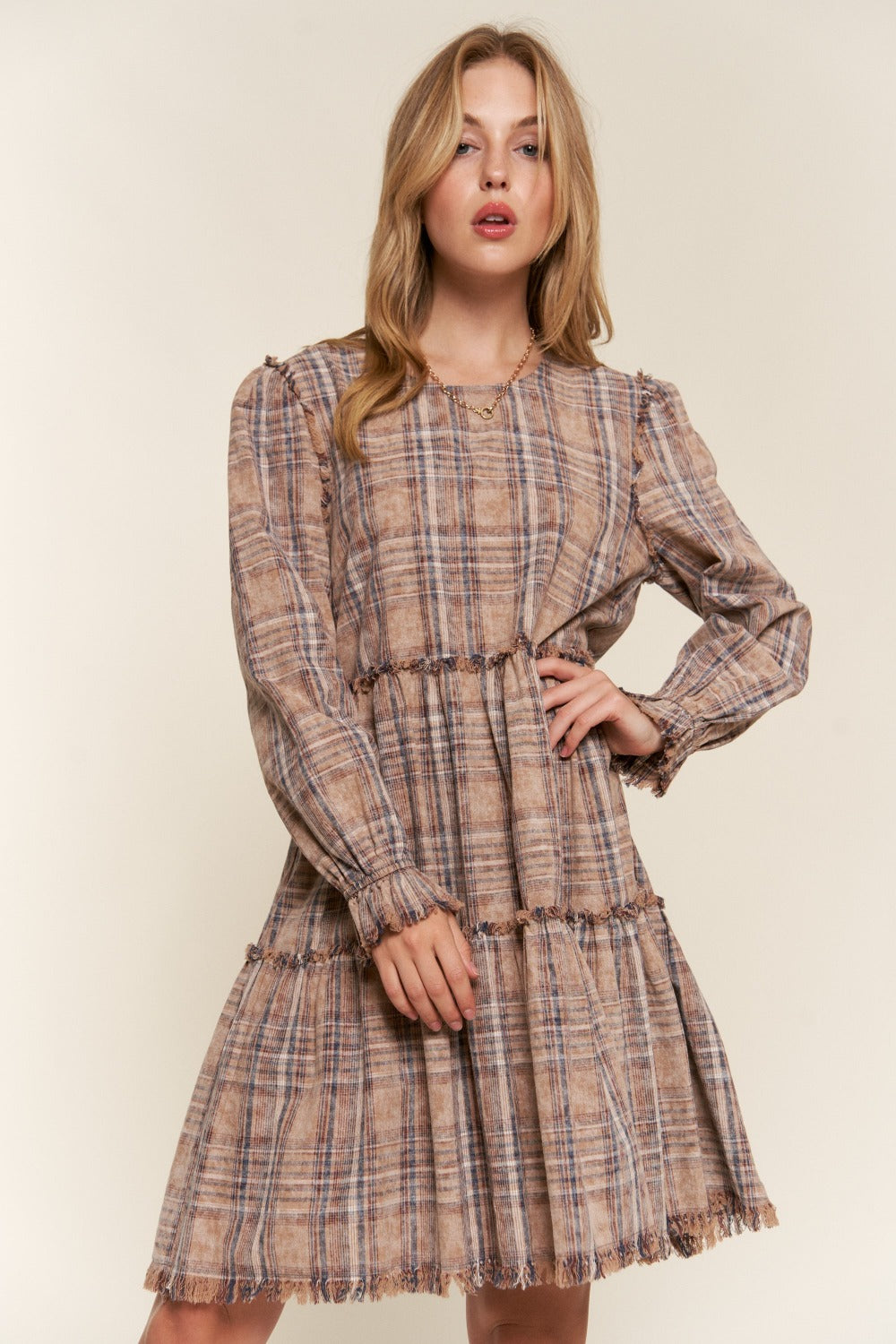 And The Why Full Size Washed Frayed Tiered Plaid Dress And The Why Full Size Washed Frayed Tiered Plaid Dress - TopFashionHQ